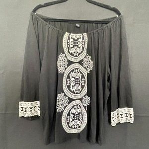 3X GUC, Black Boho Top w White Mandala Embroidery
